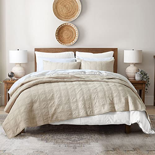 100 Cotton Quilt King Size Beige Bedspread, Pre-Washed 3-Piece Cozy Lightweight Stitching Decorative Bedding Cover Coverlet Set